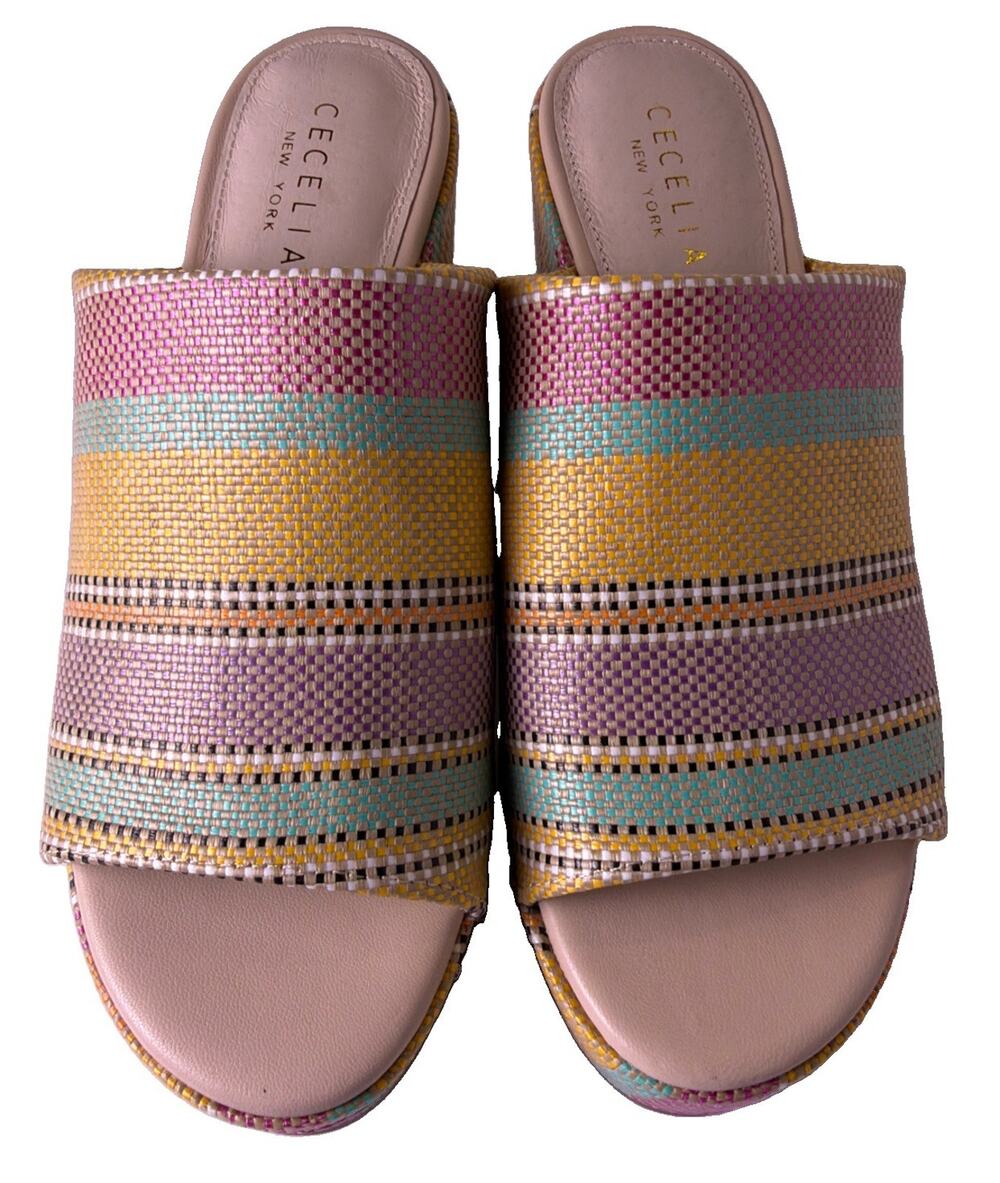 Cecelia New York Frost Raffia Wedge Sandals Sz 8M Multi Platform Slides
